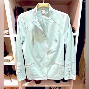 NWOT Chico’s Aqua faux-leather zip up jacket with braided sleeve detail size 1